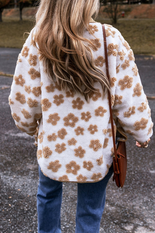 Floral Button-Up Fleece Pocketed Jacket