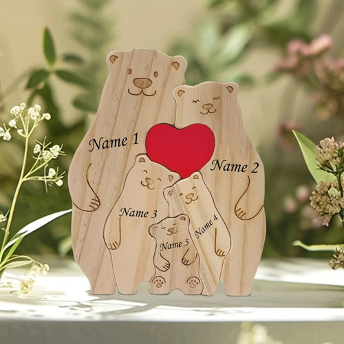Personalized Family Bear Puzzle - Custom 2-6 Names Rustic Wooden