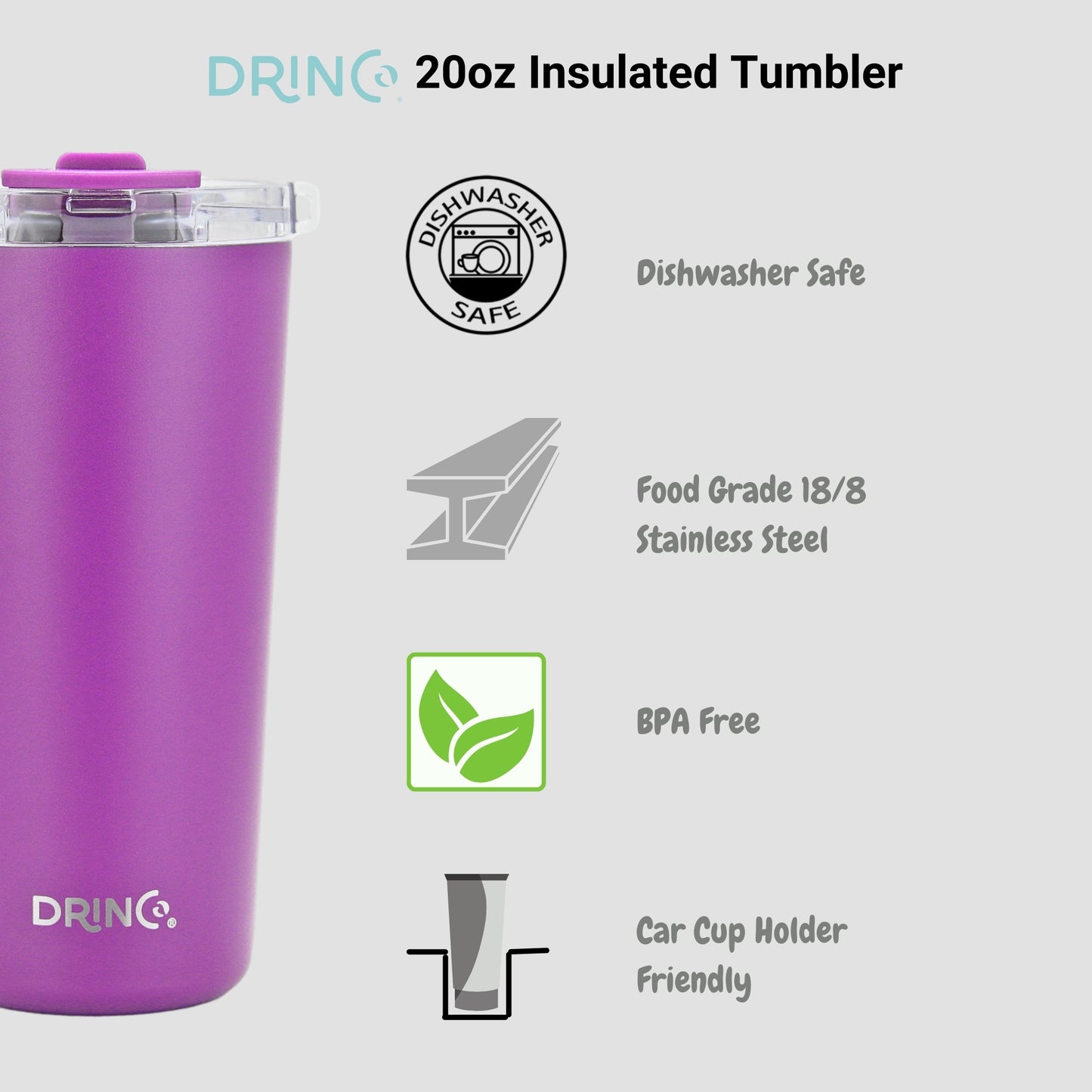 DRINCO® 20oz Insulated Tumbler w/Spill Proof Lid, 2 Straws(Purple)
