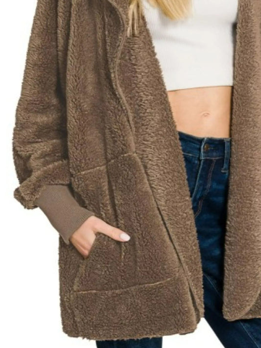 Zenana Hooded Faux Fur Jacket with Pockets