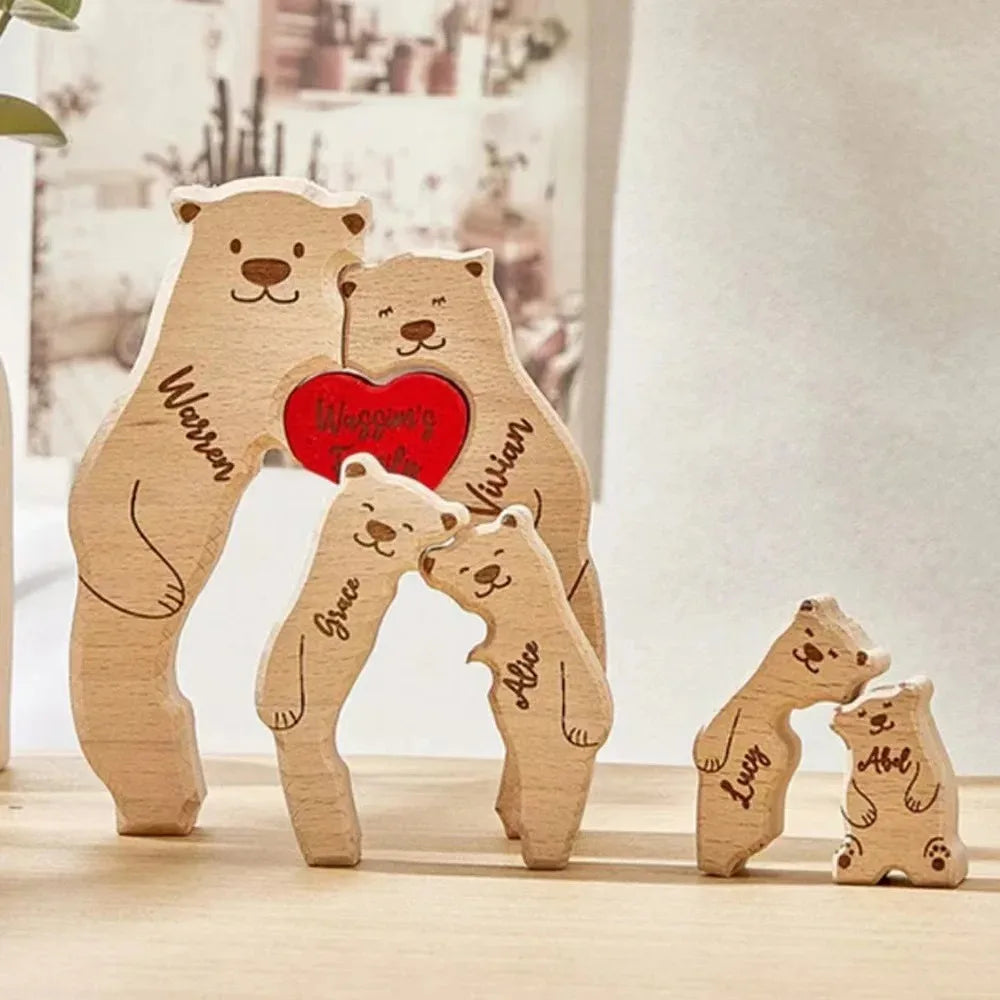 Personalized Family Bear Puzzle - Custom 2-6 Names Rustic Wooden