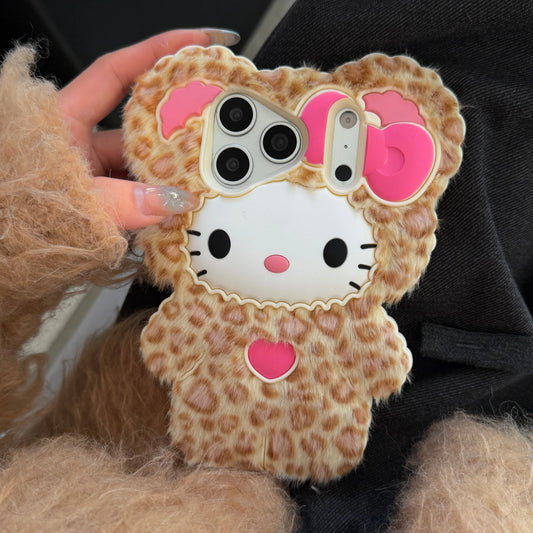 Cute Fluffy HelloKitty Leopard Print Phone Case For iPhone 17 16 Max