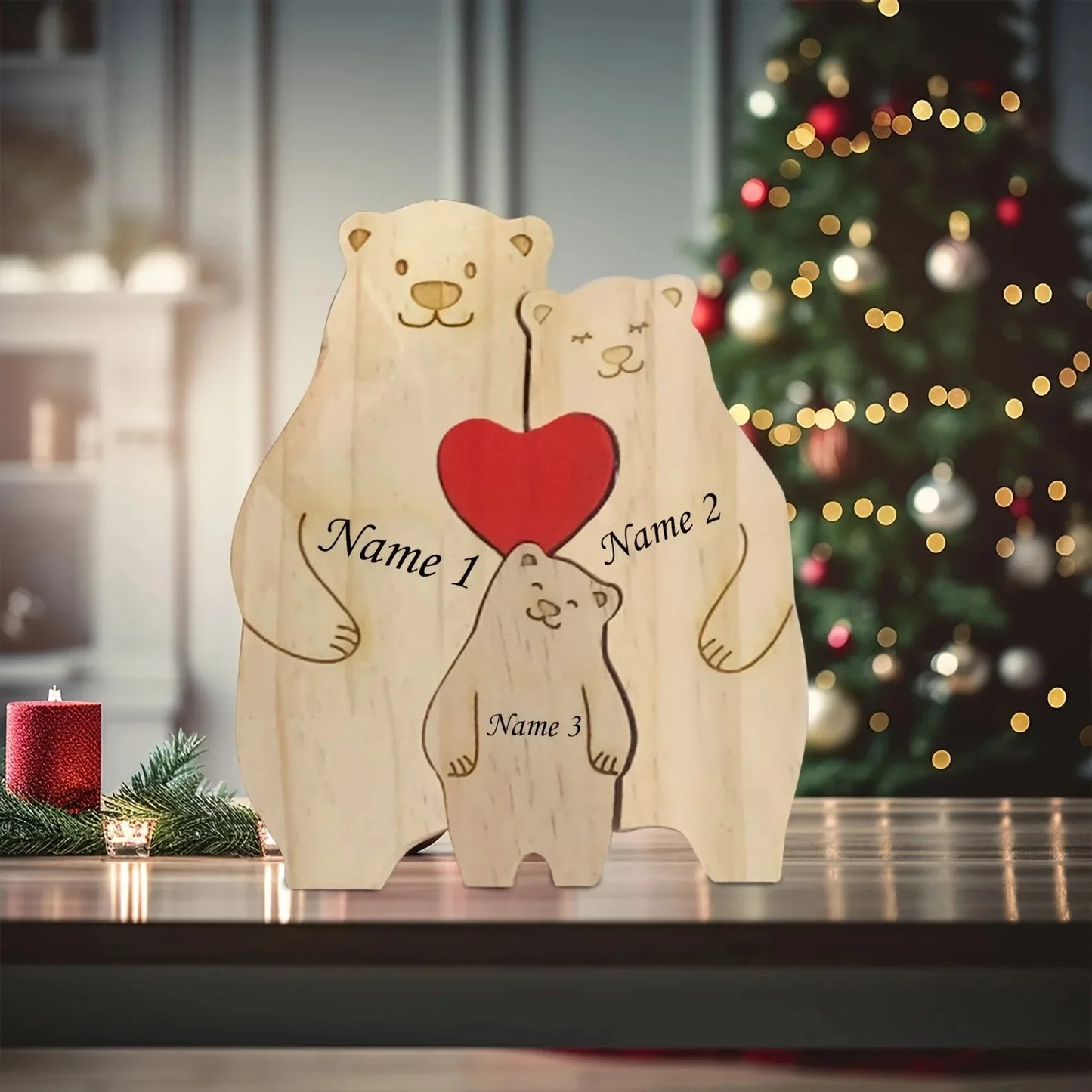 Personalized Family Bear Puzzle - Custom 2-6 Names Rustic Wooden