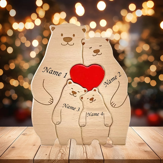 Personalized Family Bear Puzzle - Custom 2-6 Names Rustic Wooden