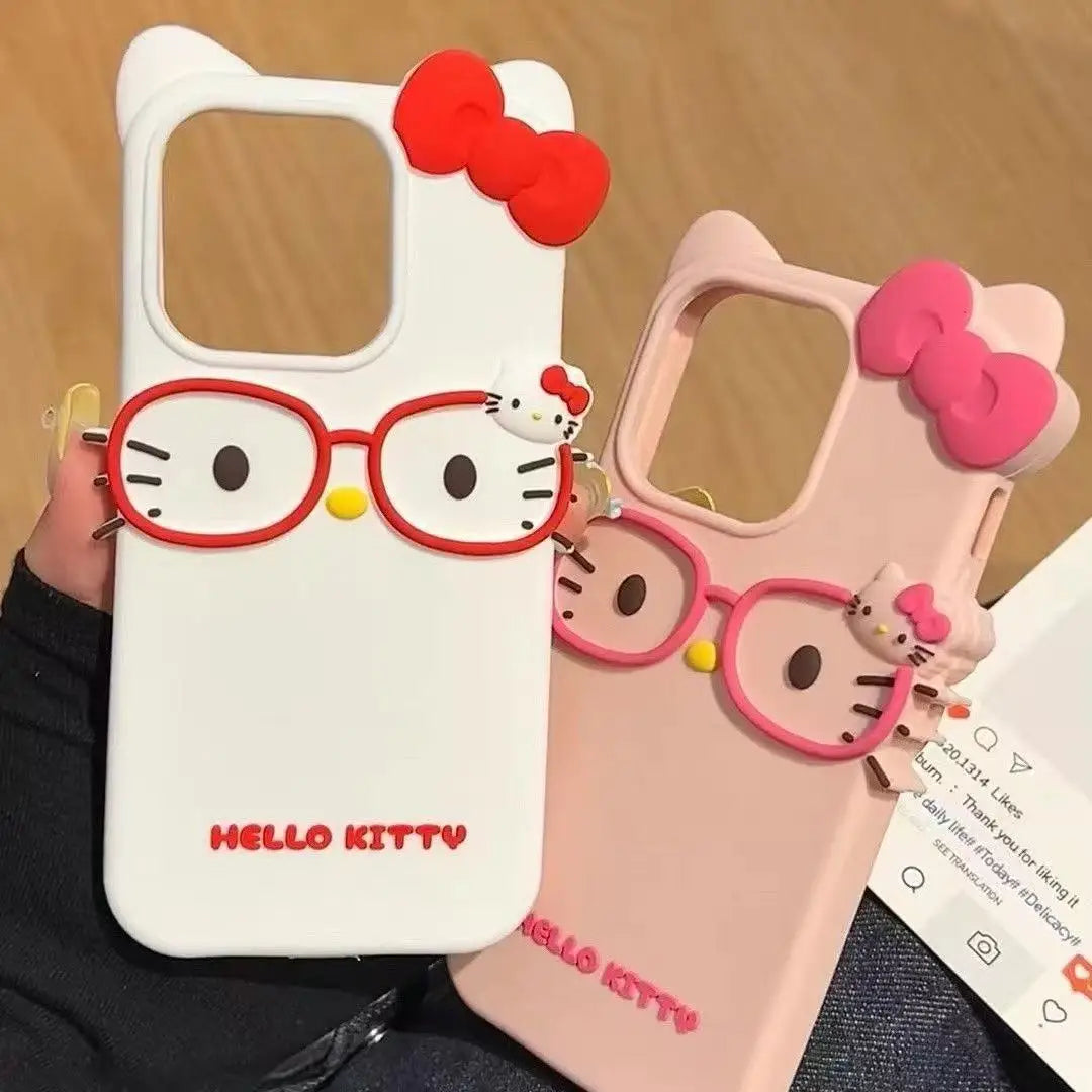 Kawaii Hello Kitty 3D Glasses Cat Soft Silicone Phone Case for iPhone