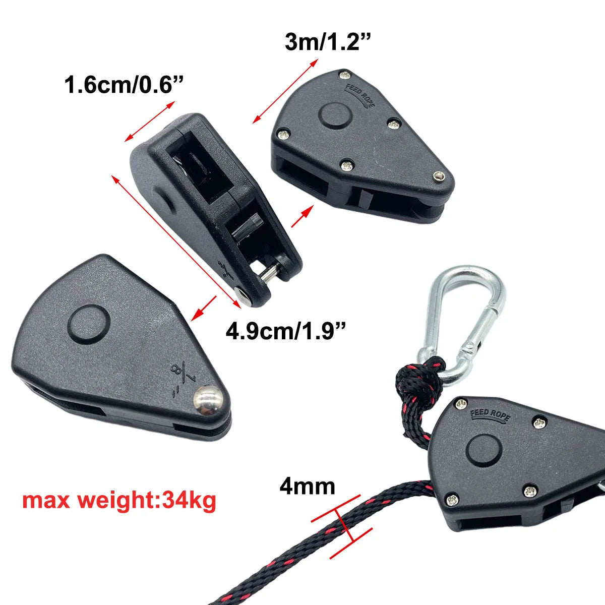 4mm Camping Tent Tie Down Rope Tightener Fastening Pulley Ratchet