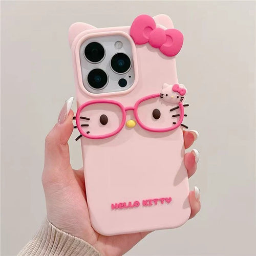 Kawaii Hello Kitty 3D Glasses Cat Soft Silicone Phone Case for iPhone