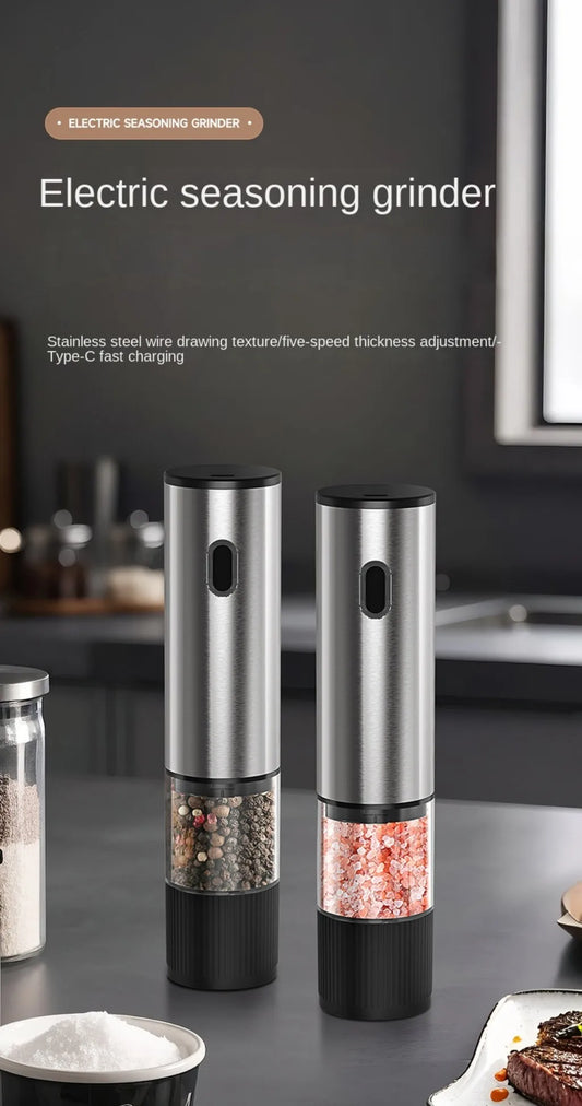 Electric Salt & Pepper Grinder - Rechargeable, One-Touch, Adjustable Coarseness with LED Light