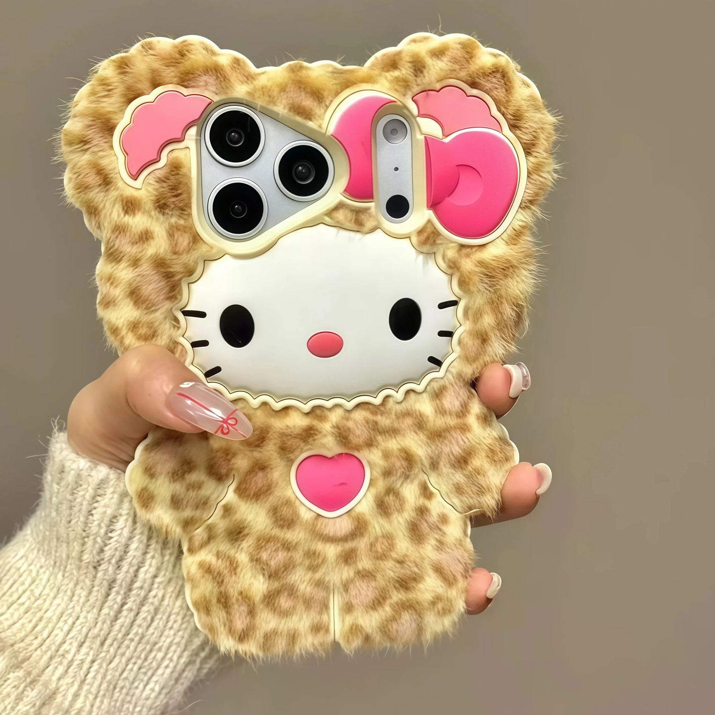 Cute Fluffy HelloKitty Leopard Print Phone Case For iPhone 17 16 Max