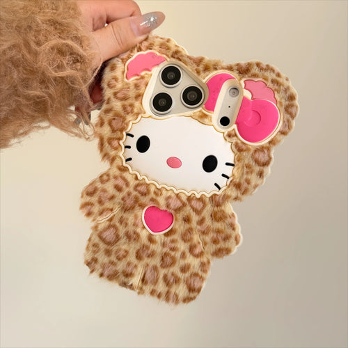 Cute Fluffy HelloKitty Leopard Print Phone Case For iPhone 17 16 Max