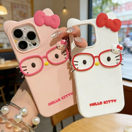 Kawaii Hello Kitty 3D Glasses Cat Soft Silicone Phone Case for iPhone