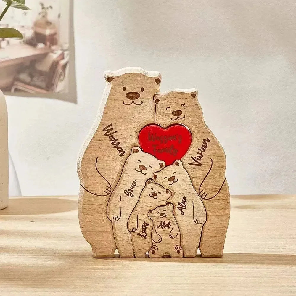 Personalized Family Bear Puzzle - Custom 2-6 Names Rustic Wooden