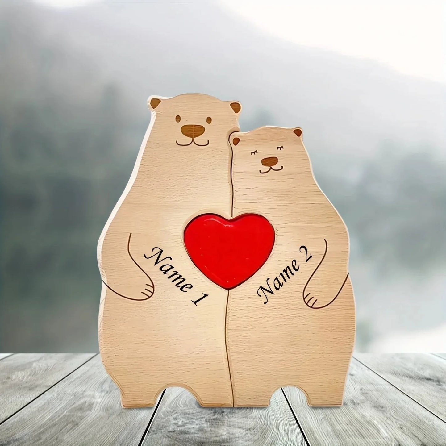 Personalized Family Bear Puzzle - Custom 2-6 Names Rustic Wooden