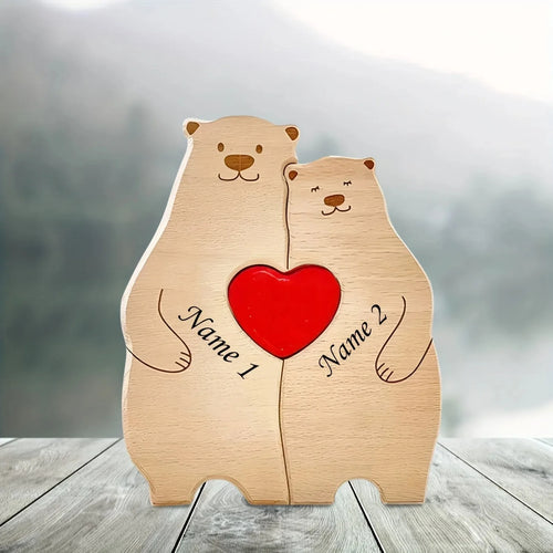 Personalized Family Bear Puzzle - Custom 2-6 Names Rustic Wooden