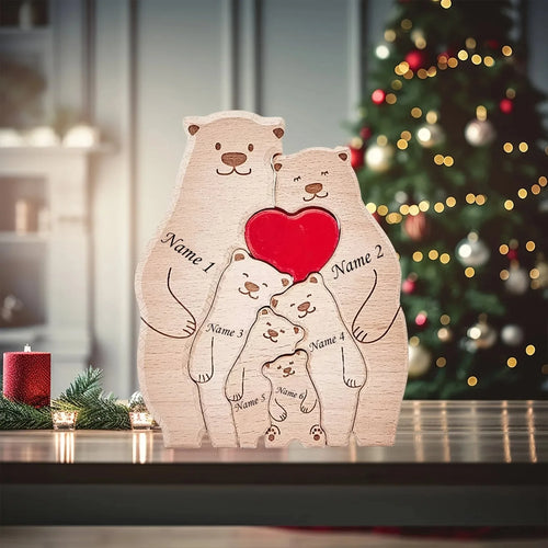 Personalized Family Bear Puzzle - Custom 2-6 Names Rustic Wooden