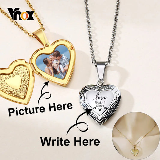 Vnox Customize Picture Name Women Necklaces Heart Locket Pendant