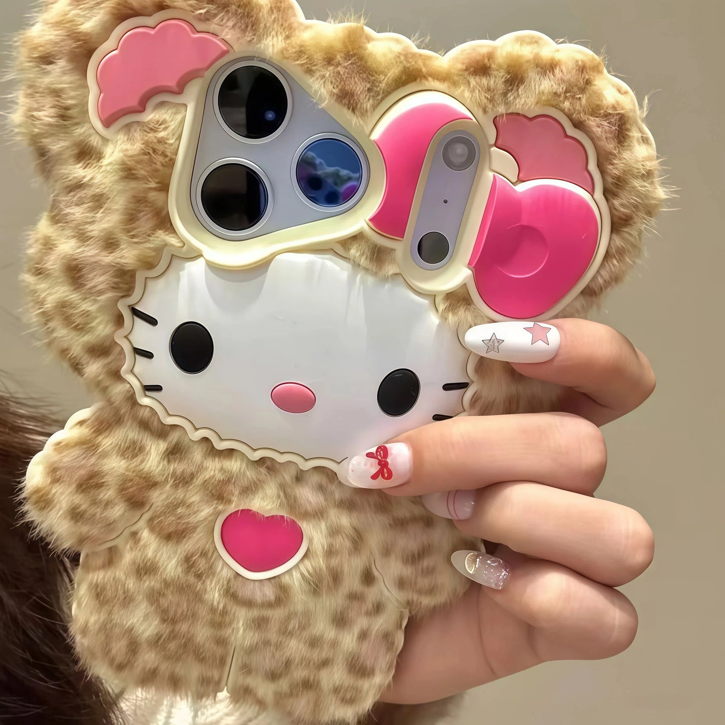 Cute Fluffy HelloKitty Leopard Print Phone Case For iPhone 17 16 Max