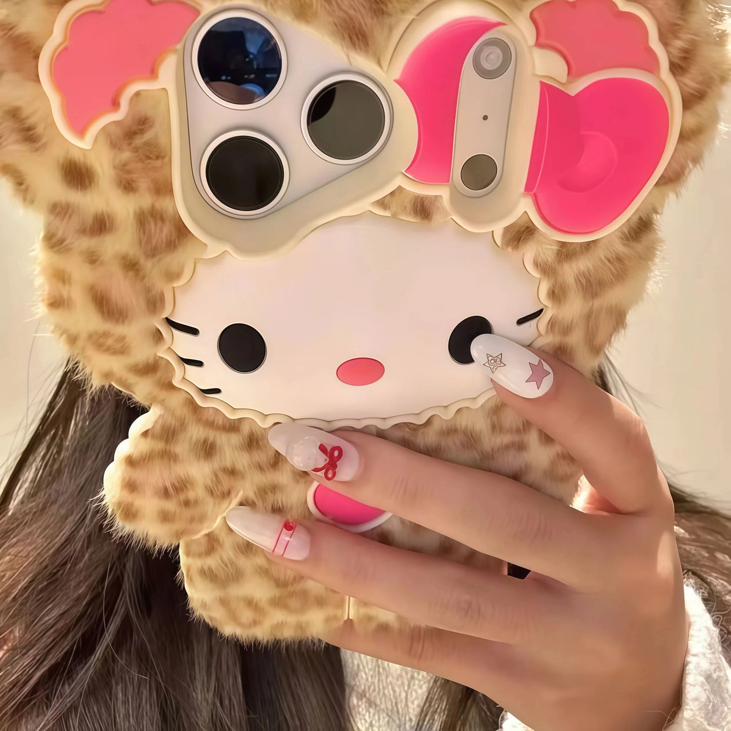 Cute Fluffy HelloKitty Leopard Print Phone Case For iPhone 17 16 Max
