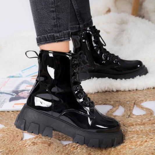 Lace Up Chunky Patent Ankle Boots in Black